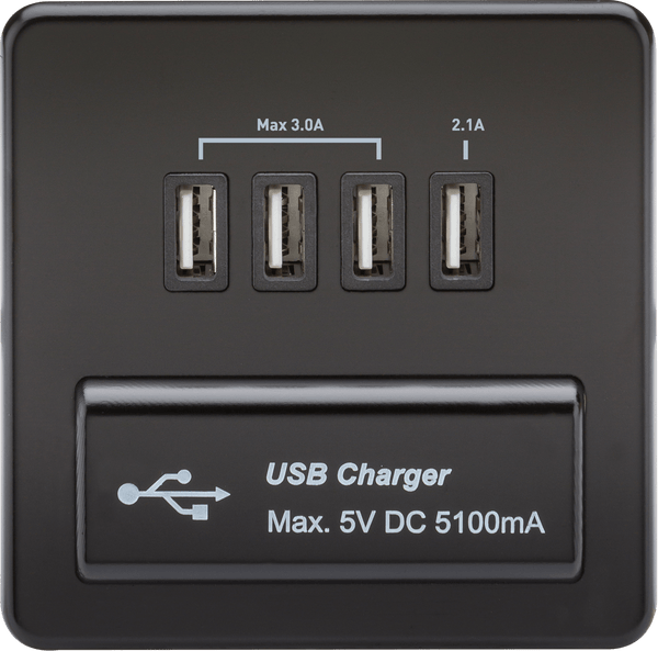 Knightsbridge MLA SFQUADMB Screwless Quad USB Charger Outlet (5.1A) - Matt Black with Black Insert - Knightsbridge MLA - Falcon Electrical UK
