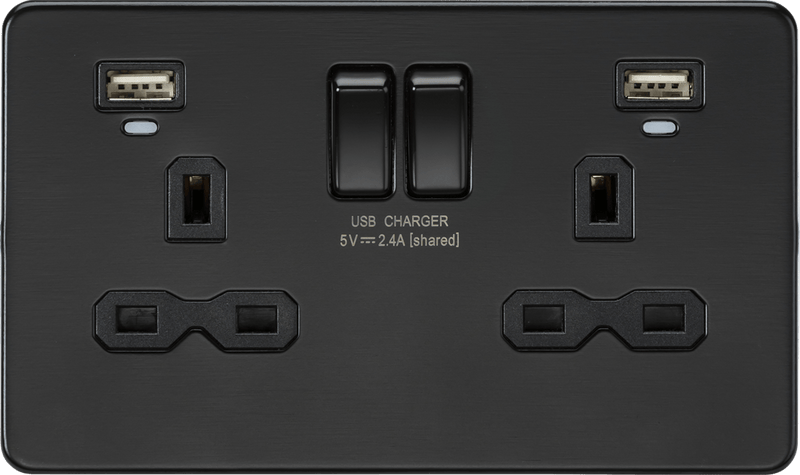 Knightsbridge MLA SFR9904NMBB 13A 2G Switched Socket, Dual USB (2.4A) with LED Charge Indicators - Matt Black - Knightsbridge MLA - Falcon Electrical UK