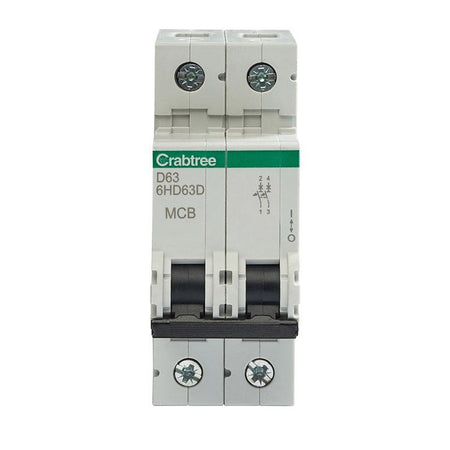 Crabtree 6HD63D D63 10kA 2P MCB (2 Module Width) - Crabtree - Falcon Electrical UK