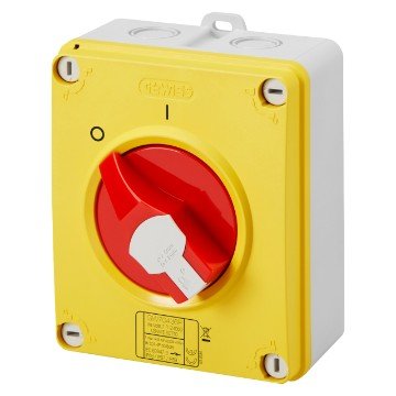 Gewiss GW70431P 2P, 16A, Rotary Emergency Isolator Switch (Box) w- Lockable Red Knob - Gewiss - Falcon Electrical UK