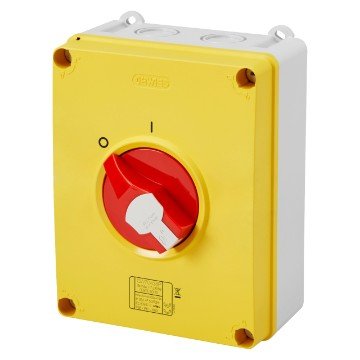 Gewiss GW70437P 3P, 63A, Rotary Emergency Isolator Switch (Box) w- Lockable Red Knob - Gewiss - Falcon Electrical UK