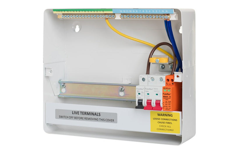 Fusebox F2010MX 10-way Consumer Unit with 100A Isolator + T2 SPD & Tail Clamp - Fusebox - Falcon Electrical UK