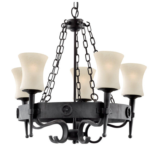 Searchlight 0815-5BK Cartwheel 5Lt Pendant - Black Metal & Sanded Glass