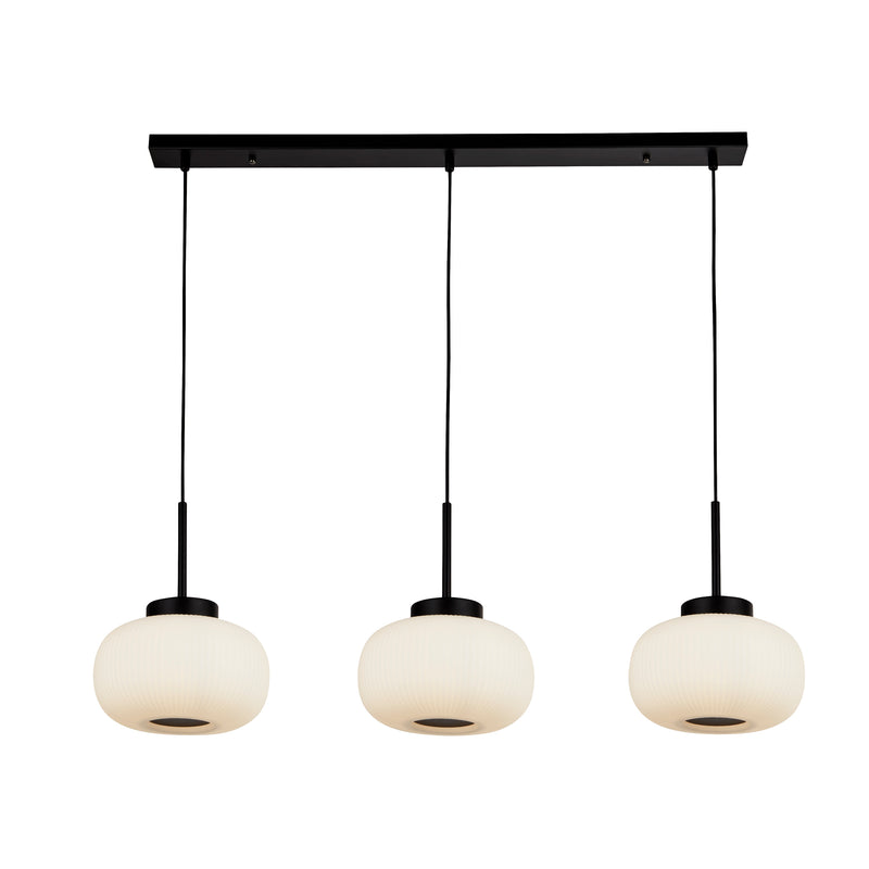 Searchlight 10271-3BK Lumina 3Lt Bar Pendant - Black Metal & Opal Ribbed Glass