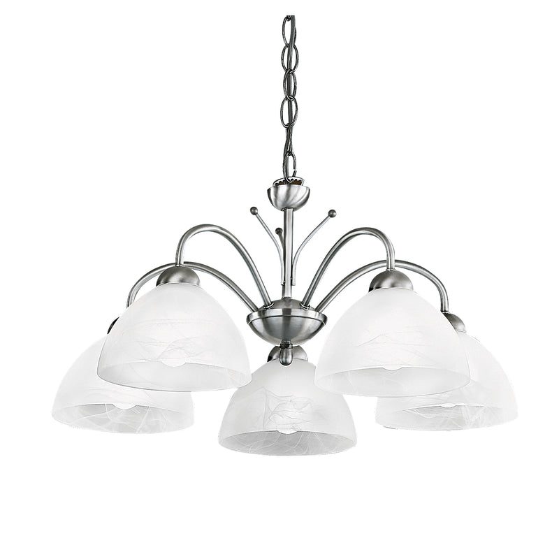 Searchlight 1135-5SS Milanese 5Lt Pendant - Satin Silver Metal & Alabaster Glass
