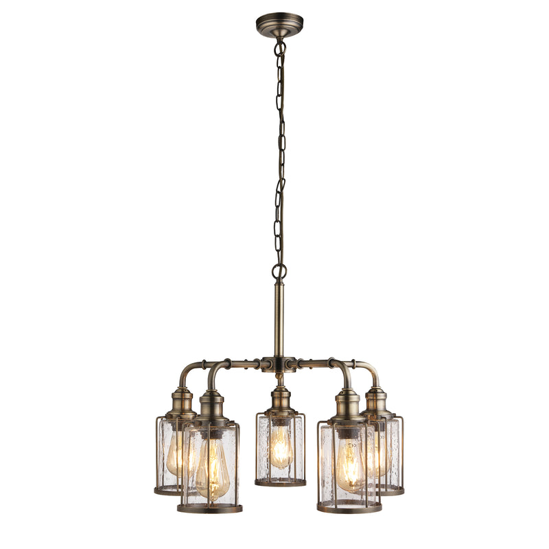 Searchlight 1265-5AB Pipes  5Lt Pendant - Antique Brass Metal & Seeded Glass