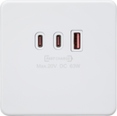 Knightsbridge MLA Screwless SF63WMW 230V Triple USB Charger Plate 2xUSB-C 1xUSB-A [20V DC Max. 63W] - Matt White