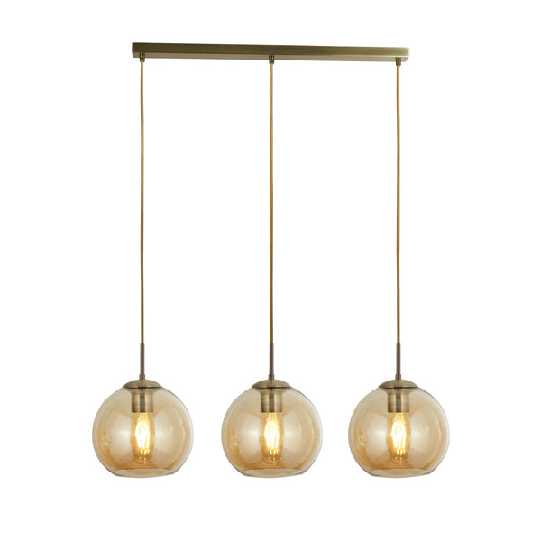 Searchlight 1623-3AM Balls  3Lt Bar Pendant - Antique Brass Metal & Amber Glass