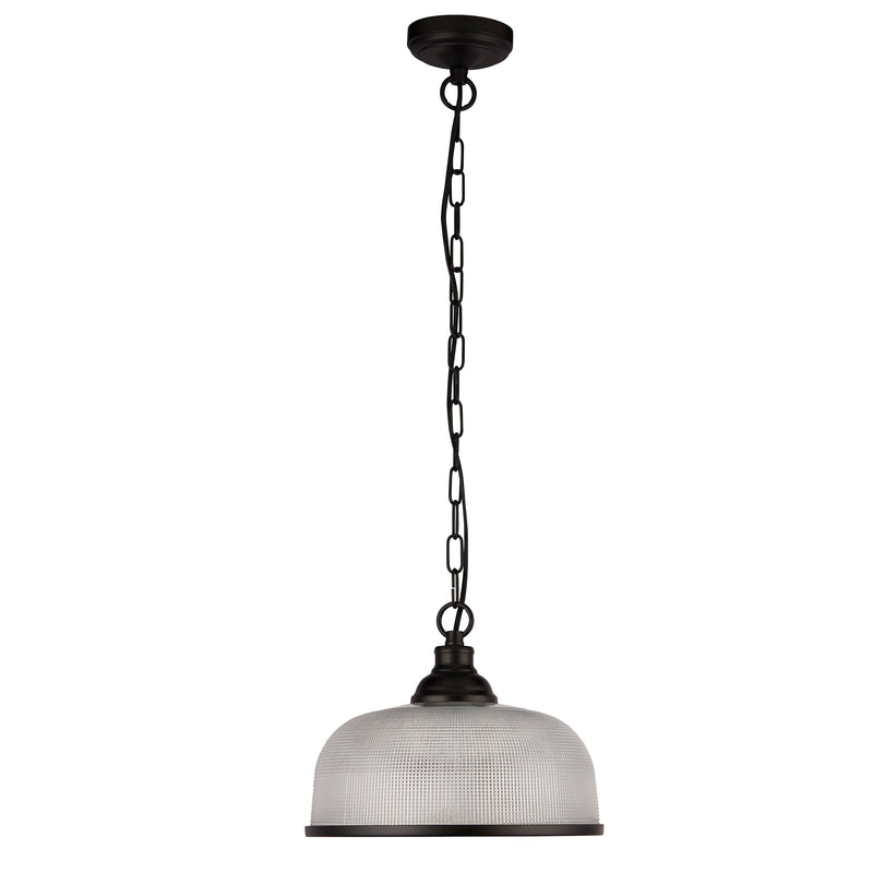 Searchlight 1682BK Highworth Pendant - Matt Black Metal & Holophane Style Glass - Searchlight - Falcon Electrical UK