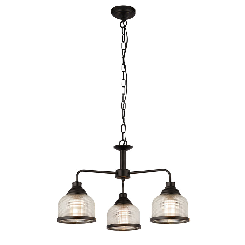 Searchlight 1683-3BK Highworth 3Lt Pendant - Black Metal & Holophane Style Glass