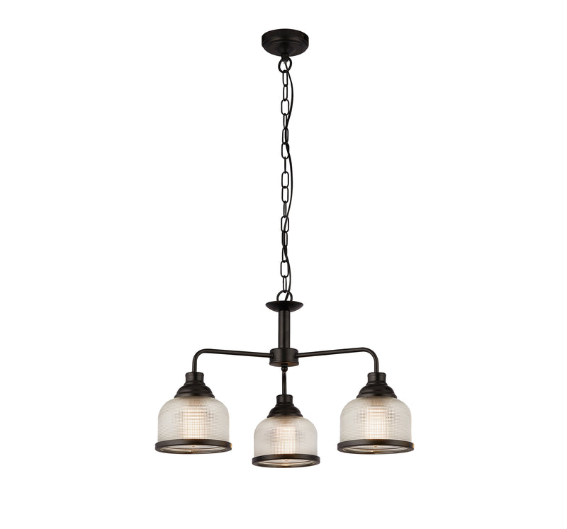 Searchlight 1683-3BK Highworth 3Lt Pendant - Black Metal & Holophane Style Glass