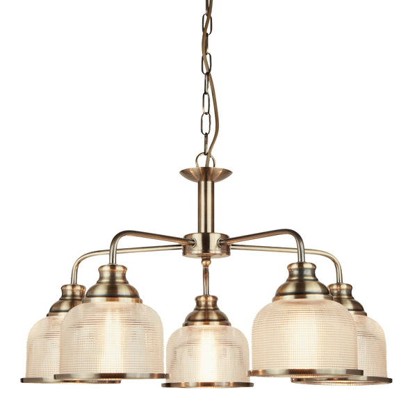 Searchlight 1685-5AB Bistro II 5Lt Pendant -Antique Brass & Holophane Style Glass