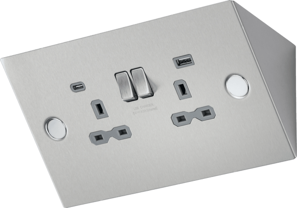 Knightsbridge MLA SKR2 Under Cabinet 13A 2G Socket with Dual USB A+C [5V DC 4.0A shared] - Stainless Steel - Knightsbridge MLA - Falcon Electrical