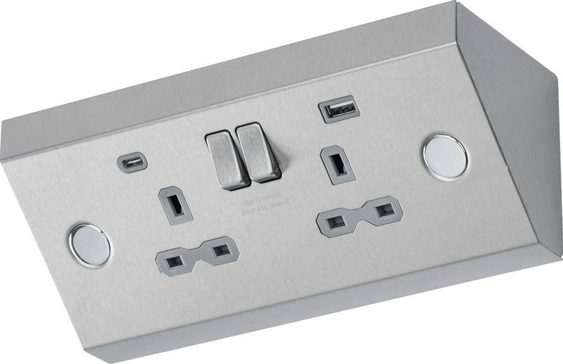 Knightsbridge MLA SKR9 Under Cabinet 13A 2G Socket with Dual USB A+C [5V DC 4.0A shared] - Stainless Steel - Knightsbridge MLA - Falcon Electrical