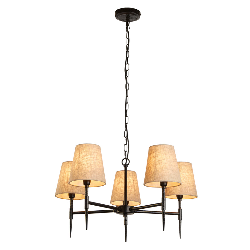 Searchlight 30690-5BK Gothic 5Lt Pendant - Hammered Black Metal & Natural Linen