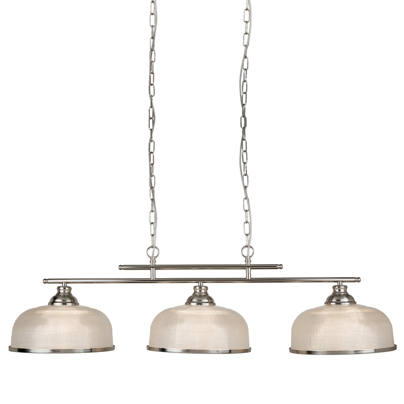 Searchlight 3593-3SS Bistro II 3Lt Pendant - Satin Silver & Holophane Style Glass