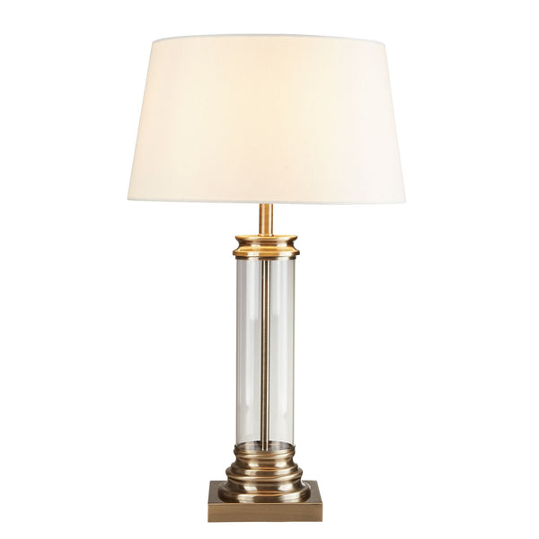 Searchlight 5141AB Pedestal Table Lamp - Antique Brass, Glass & Cream Fabric