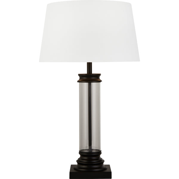 Searchlight 5141BK Pedestal Table Lamp- Black Metal, Glass & White Fabric Shade