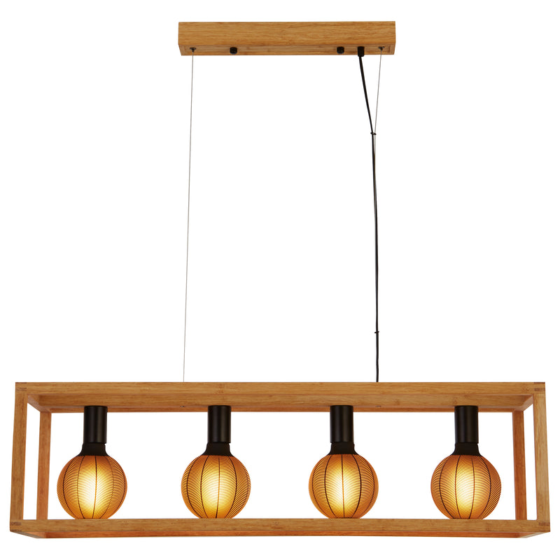 Searchlight 54741-4NA Square  4Lt Pendant  - Natural Wood & Black Metal