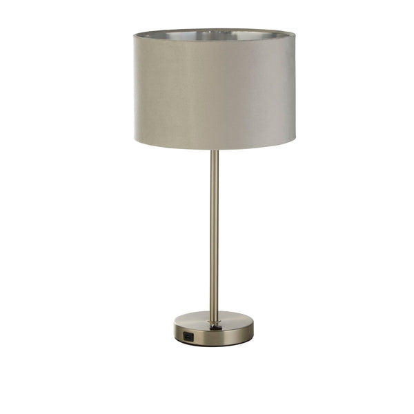 Searchlight 58911GY Finn USB Table Lamp - Satin Nickel Metal & Grey Velvet Shade - Searchlight - Falcon Electrical UK