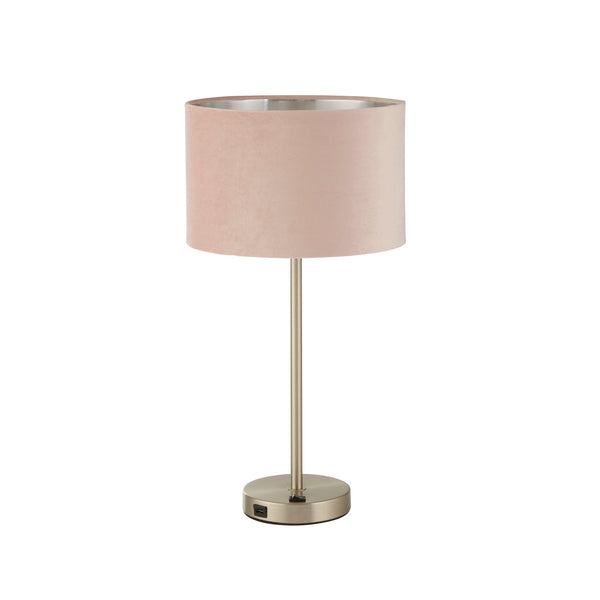 Searchlight 58911PI Finn USB Table Lamp - Satin Nickel Metal & Pink Velvet Shade - Searchlight - Falcon Electrical UK