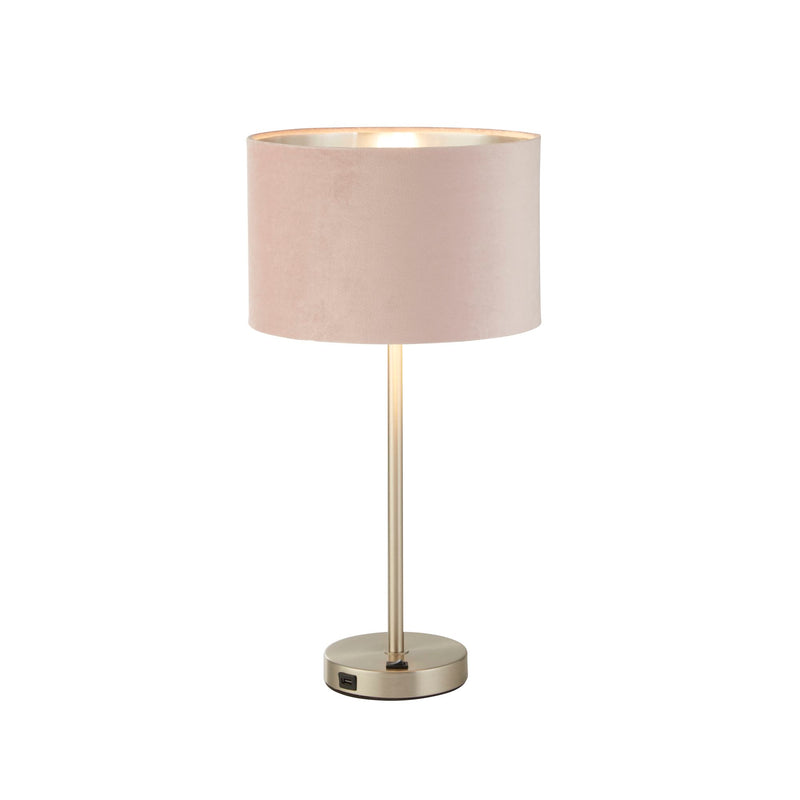 Searchlight 58911PI Finn USB Table Lamp - Satin Nickel Metal & Pink Velvet Shade - Searchlight - Falcon Electrical UK