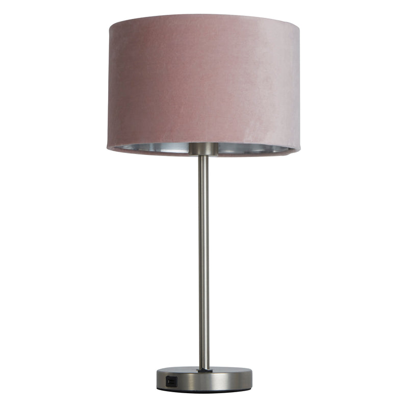 Searchlight 58911PI Finn USB Table Lamp - Satin Nickel Metal & Pink Velvet Shade - Searchlight - Falcon Electrical UK