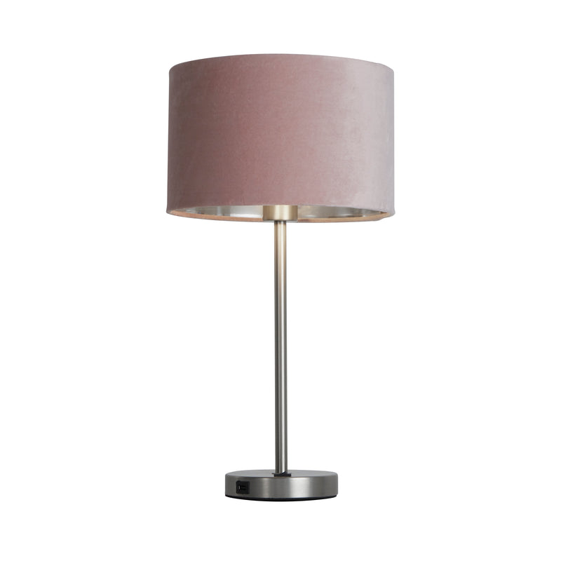 Searchlight 58911PI Finn USB Table Lamp - Satin Nickel Metal & Pink Velvet Shade - Searchlight - Falcon Electrical UK