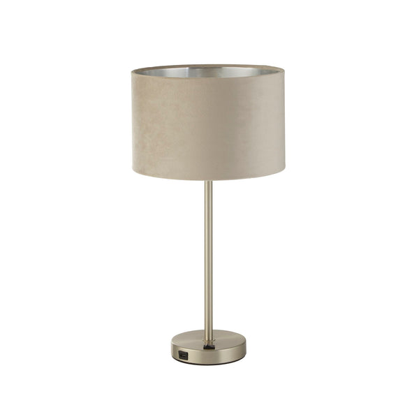 Searchlight 58911TA Finn USB Table Lamp -Satin Nickel Metal & Taupe Velvet Shade - Searchlight - Falcon Electrical UK