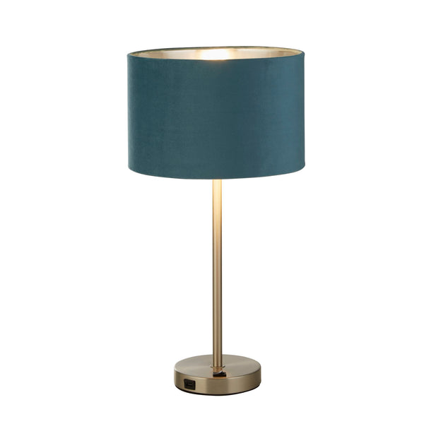 Searchlight 58911TE Finn USB Table Lamp - Satin Nickel Metal & Teal Velvet Shade - Searchlight - Falcon Electrical UK