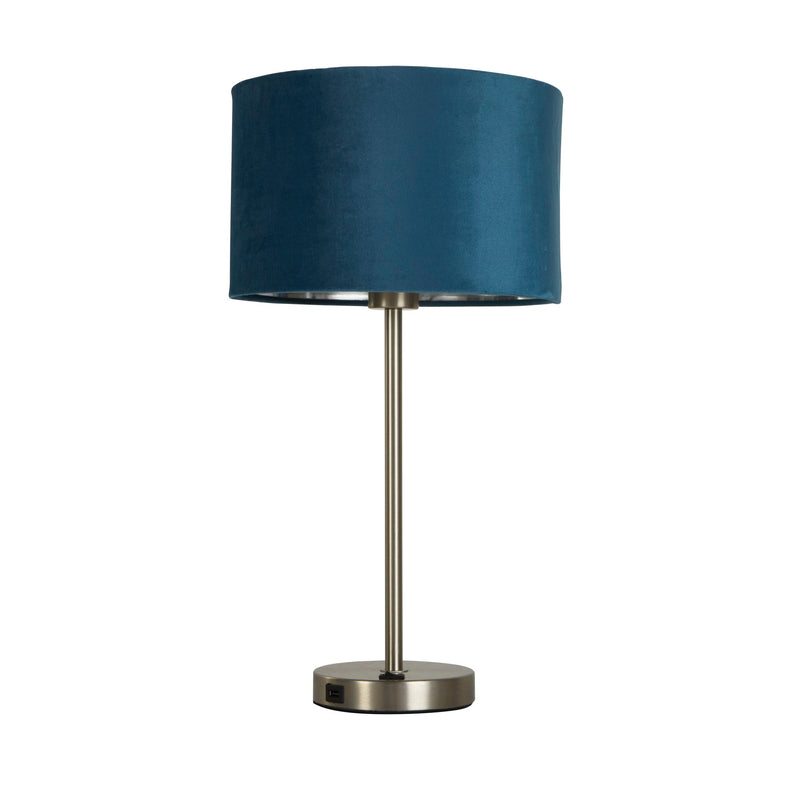 Searchlight 58911TE Finn USB Table Lamp - Satin Nickel Metal & Teal Velvet Shade - Searchlight - Falcon Electrical UK