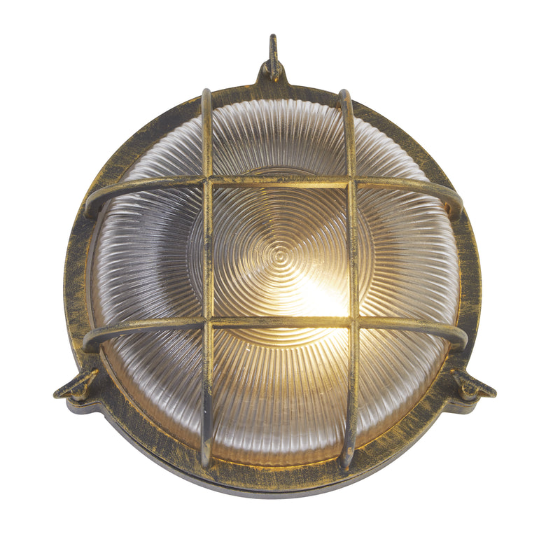 Searchlight 61401BG Bulkhead Round Outdoor Light -Black Gold Metal & Clear Glass