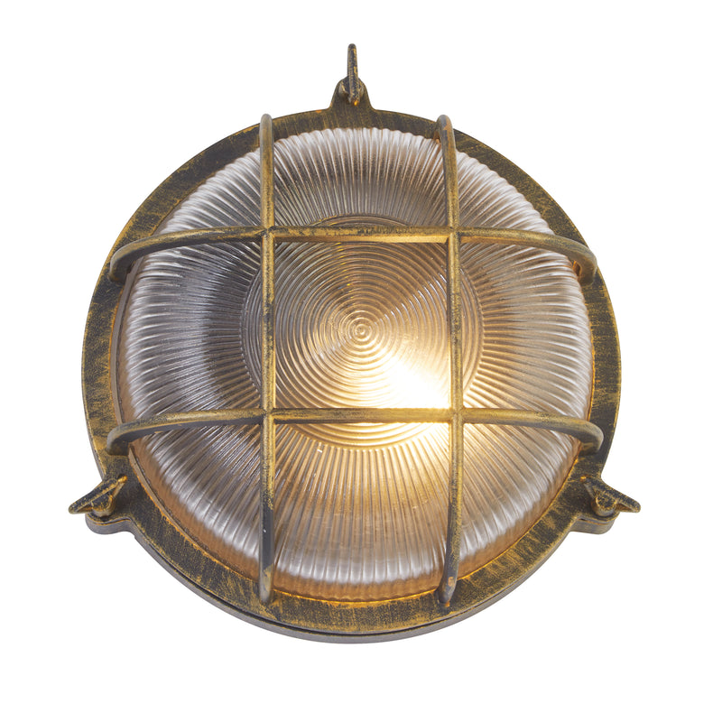 Searchlight 61401BG Bulkhead Round Outdoor Light -Black Gold Metal & Clear Glass