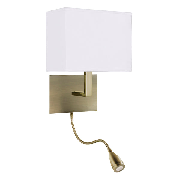 Searchlight 6519AB Hotel Wall Light- Antique Brass Metal & White Fabric