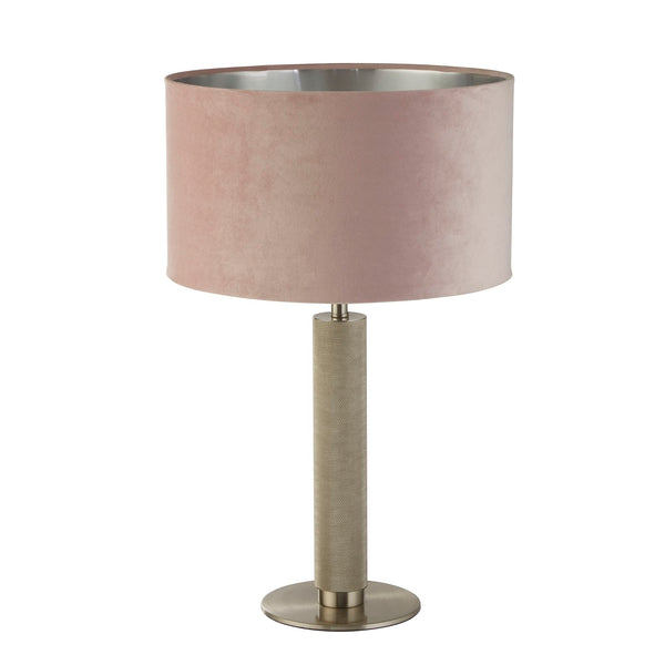 Searchlight 65721PI London Table Lamp- Knurled Satin Silver & Pink Velvet Shade