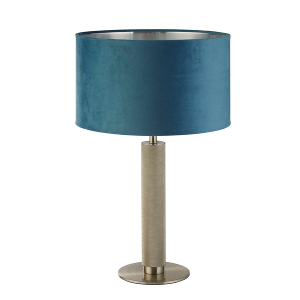 Searchlight 65721TE London Table Lamp - Knurled Satin Silver & Teal Velvet Shade