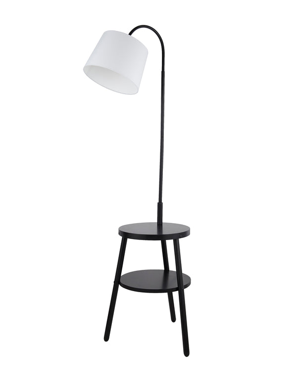 Searchlight 74730BK Ridge Shelf Floor Lamp - Black Metal, Wood & White Fabric