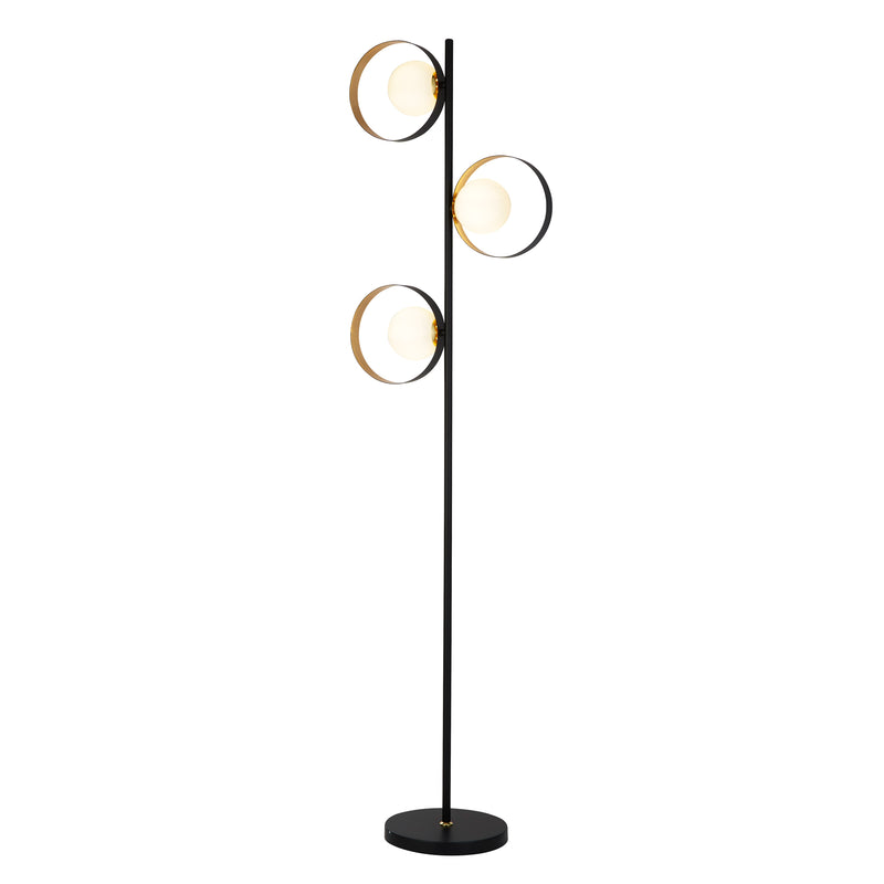 Searchlight 8143BGO Orbital Floor Lamp - Black Metal, Gold Leaf & Opal Glass