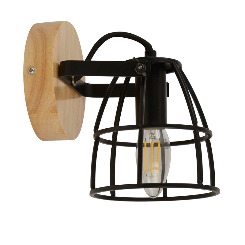 Searchlight 81698-1BK Vision Round Wall Light - Matt Black Metal & Wood