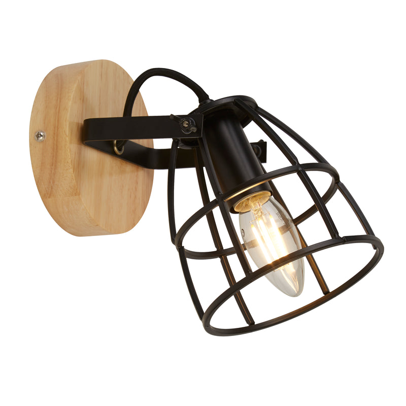 Searchlight 81698-1BK Vision Round Wall Light - Matt Black Metal & Wood