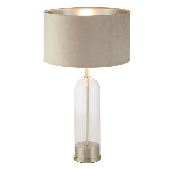 Searchlight 81713TA Oxford Table Lamp - Glass, Satin Nickel & Taupe Velvet Shade