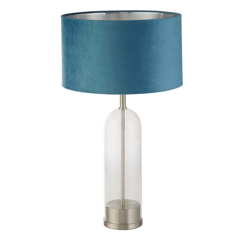 Searchlight 81713TE Oxford Table Lamp - Glass, Satin Nickel & Teal Velvet Shade