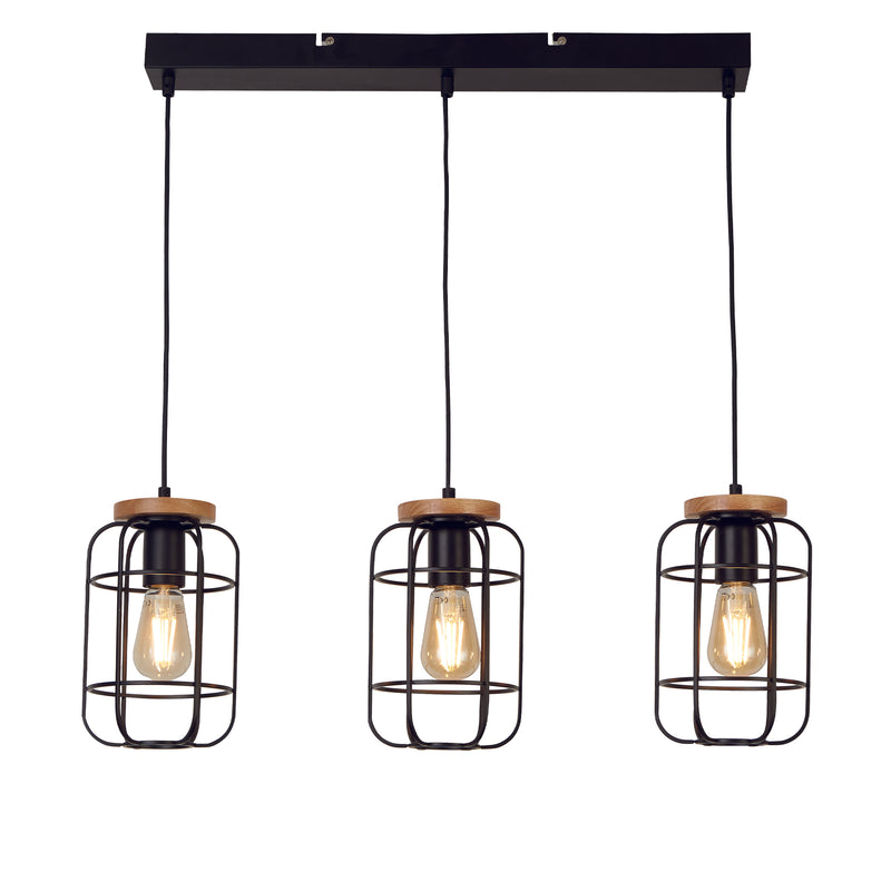 Searchlight 81953-3BK Vision 3Lt Bar Pendant - Matt Black Metal & Wood