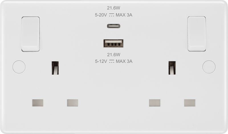 BG 822UAC22 Nexus White Moulded Double Switched Socket w/ Fastcharge USB A + C (22W) - BG - Falcon Electrical