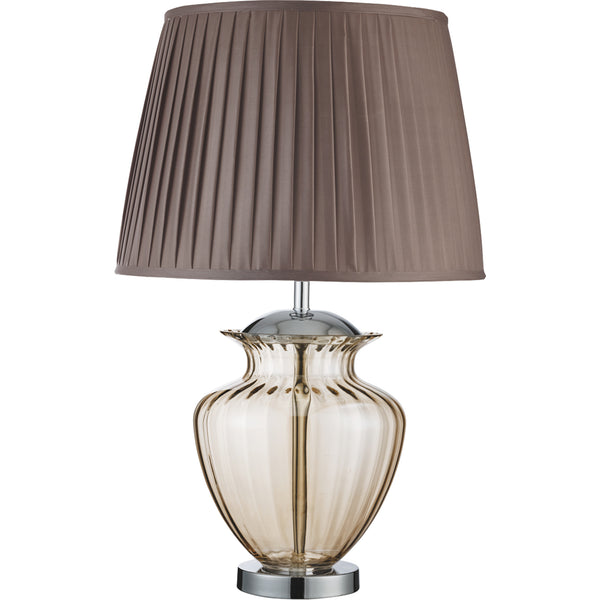 Searchlight 8531AM Elina Table Lamp - Chrome Metal, Amber Glass & Brown Shade