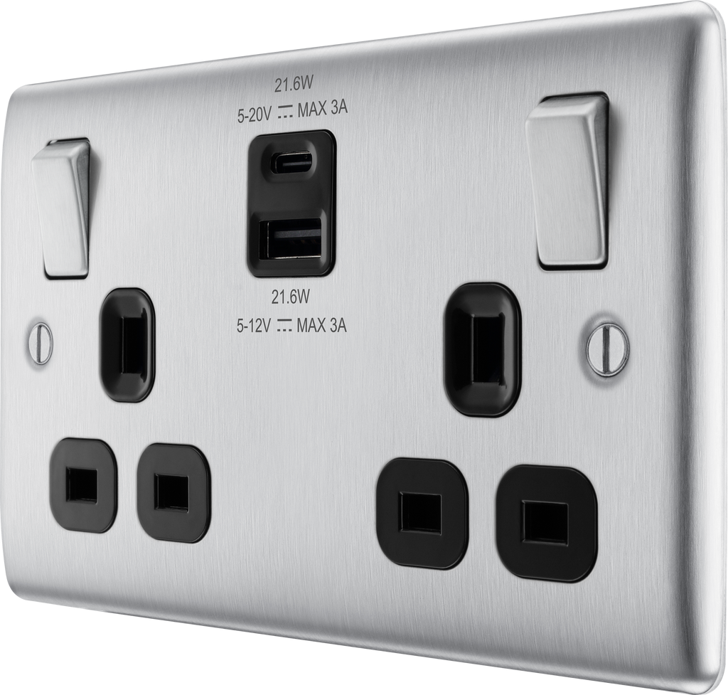 BG NBS22UAC22B Double switched single pole, with USB A + C (22W) BG