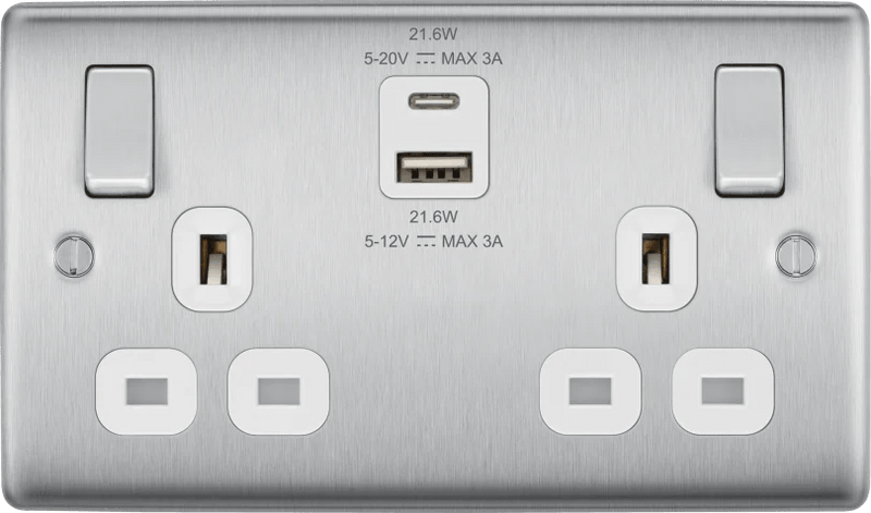 BG NBS22UAC22W Double switched single pole, with USB A + C (22W) - BG - Falcon Electrical