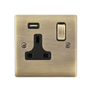 Saxby RS413ABB Raised Screwed 13A 1G DP Switched Socket with 2.1V USB - Antique Brass With Black Insert
