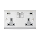 Saxby RS425BSG Raised Screwed 13A 2G DP Switched Socket with 15.5W USB A+C - Brushed Steel With Grey Insert