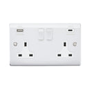 Saxby RS425PCW Raised Screwed 13A 2G DP Switched Socket with 15.5W USB A+C - Polished Chrome With White Insert